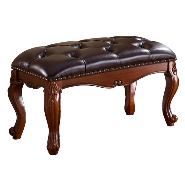 Genuine Leather Solid Wood Entry Bench, Rubber Wood Footstool, Vintage Brown Leather Stool, Farmhouse Entryway Bench, Leather Lounge Chair Modern, Dressing Table Stool-LargePaintingArt.com