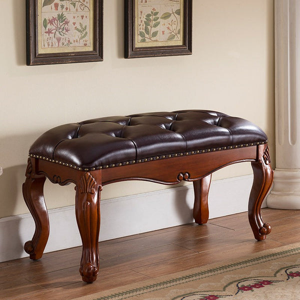 Genuine Leather Solid Wood Entry Bench, Rubber Wood Footstool, Vintage Brown Leather Stool, Farmhouse Entryway Bench, Leather Lounge Chair Modern, Dressing Table Stool-LargePaintingArt.com