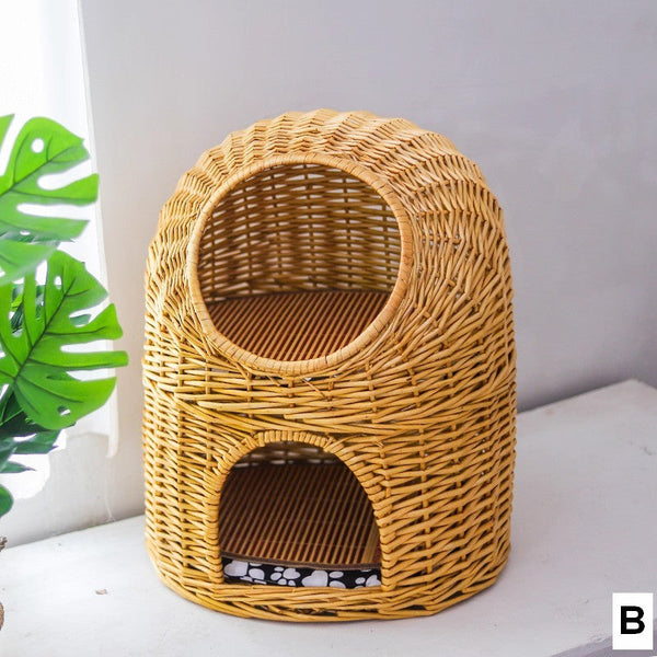 Large Double-Layer Cat Bed, Wicker Cat House Basket with Washable Cushion for Indoor Cats and Dogs-LargePaintingArt.com