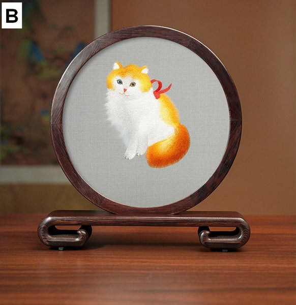 Exclusive Business Present, Lovely Kitty Cat Embroidered Decor, Premium Souvenir, Unique Birthday Gift, Traditional Chinese Suzhou Kitten Embroidery Ornament-LargePaintingArt.com
