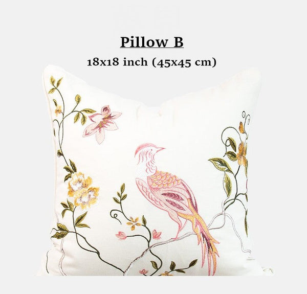 Decorative Pillows for Bed, Living Room Decorative Pillows, Modern Decorative Cushions, Decorative Pillow Arrangement Ideas for Interior Design, Embroidered Floral Bird Pattern Pillow Covers-LargePaintingArt.com