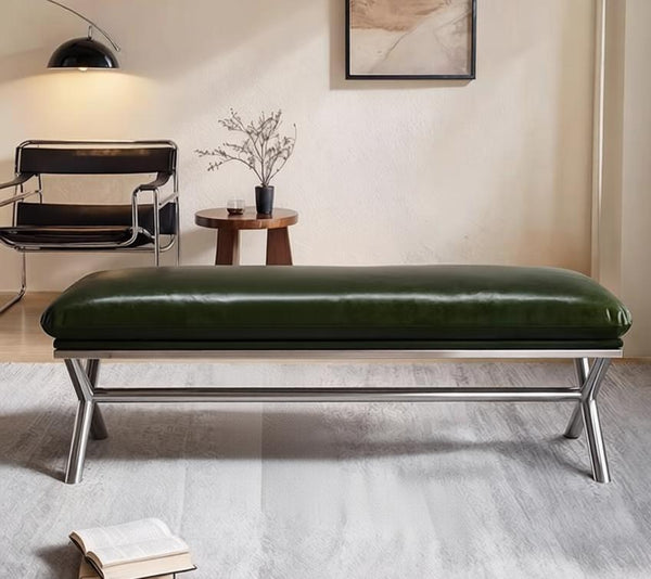 Contemporay Bedroom Bench, Luxury Genuine Leather Entry Bench, Upholstered Shoe Bench, Narrow Entryway Bench, Modern Shoe Changing Ottoman, Mid-Century Hall Bench-LargePaintingArt.com