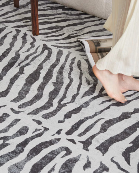 Modern Carpets for Office, Dining Room Floor Rugs, Black Stripe Area Rugs under Sofa, Mid Century Area Rugs for Living Room, Abstract Contemporary Rugs for Bedroom-LargePaintingArt.com