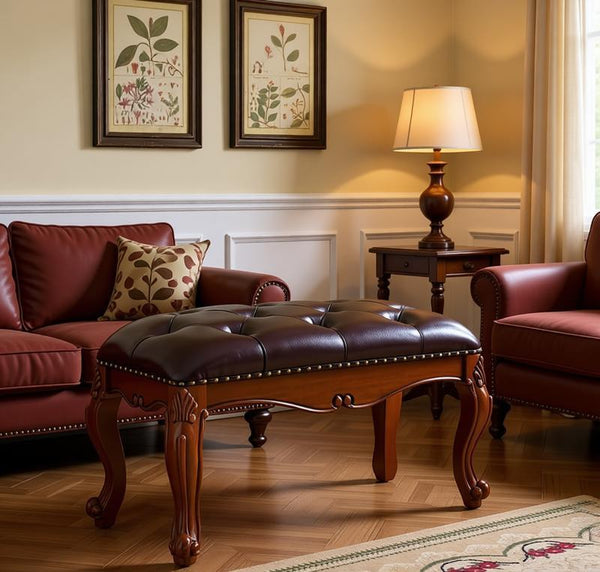 Genuine Leather Solid Wood Entry Bench, Rubber Wood Footstool, Vintage Brown Leather Stool, Farmhouse Entryway Bench, Leather Lounge Chair Modern, Dressing Table Stool-LargePaintingArt.com