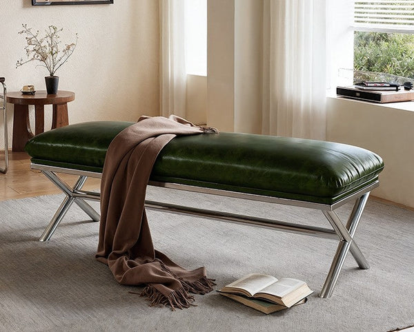 Contemporay Bedroom Bench, Luxury Genuine Leather Entry Bench, Upholstered Shoe Bench, Narrow Entryway Bench, Modern Shoe Changing Ottoman, Mid-Century Hall Bench-LargePaintingArt.com