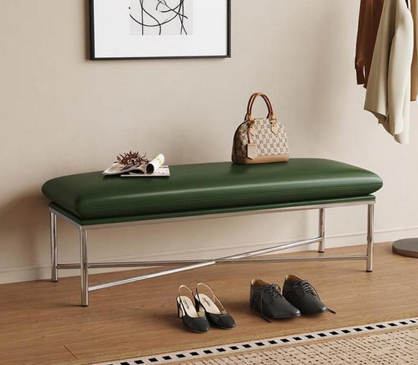 Narrow Entryway Bench, Modern Shoe Changing Ottoman, Mid-Century Hall Bench, Luxury Genuine Leather Entry Bench, Upholstered Shoe Bench, Contemporay Bedroom Bench-LargePaintingArt.com