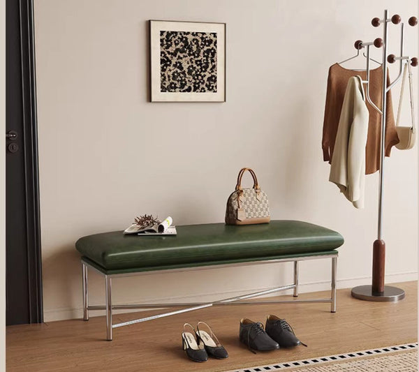 Narrow Entryway Bench, Modern Shoe Changing Ottoman, Mid-Century Hall Bench, Luxury Genuine Leather Entry Bench, Upholstered Shoe Bench, Contemporay Bedroom Bench-LargePaintingArt.com