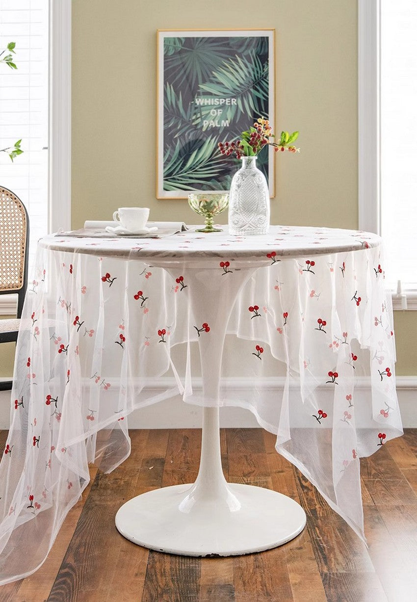 Extra Large Rectangular Tablecloth for Oval Table, Rectangular Table Covers for Coffee Table, Cherry Lace Tablecloths, Lace Embroidered Table Covers-LargePaintingArt.com