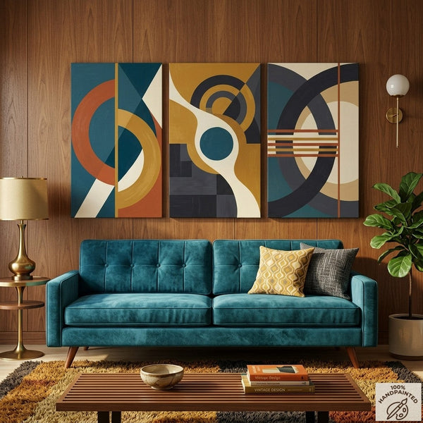 Geometric Abstract Paintings, Multi Panel Canvas Art, Extra Large Group Paintings for Living Room, Hand Painted Artwork-LargePaintingArt.com