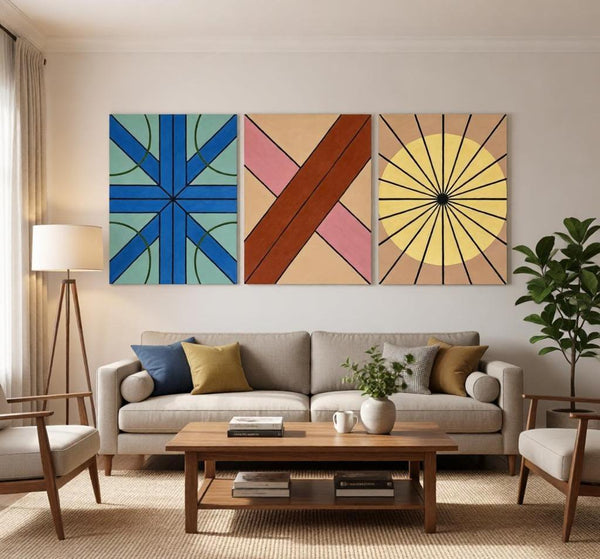 Modern Paintings for Mid Century Living Room, Multi Panel Canvas Paintings, Abstract Geometric Art-LargePaintingArt.com