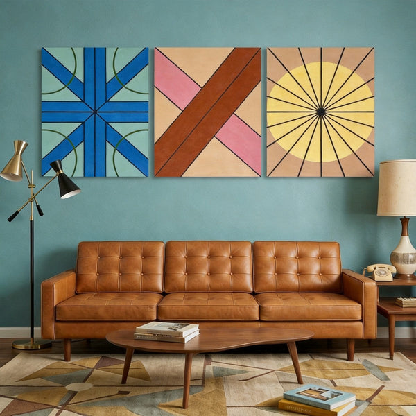 Modern Paintings for Mid Century Living Room, Multi Panel Canvas Paintings, Abstract Geometric Art-LargePaintingArt.com