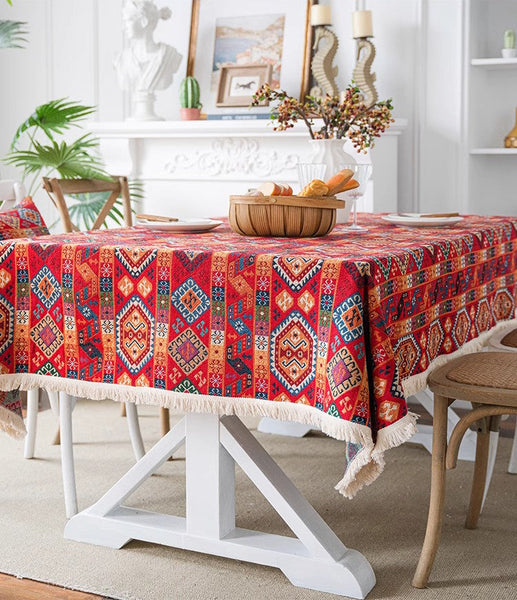Bohemian Rectangular Tablecloth for Oval Table, Oriental Rectangular Table Covers for Coffee Table, Large Modern Linen Tablecloths-LargePaintingArt.com