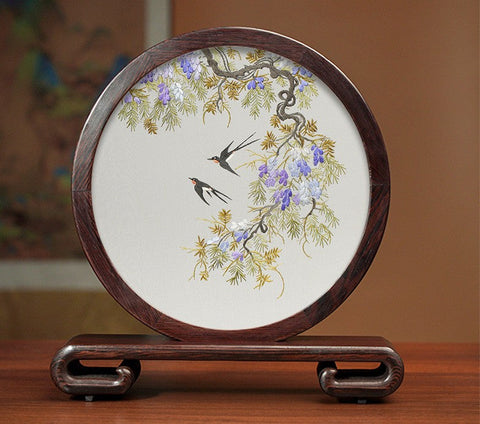 Silk Embroidered Ornament, Premium Souvenir, Exclusive Business Presents, Creative Birthday Gift, Traditional Chinese Suzhou Flower and Birds Embroidery Ornaments-LargePaintingArt.com