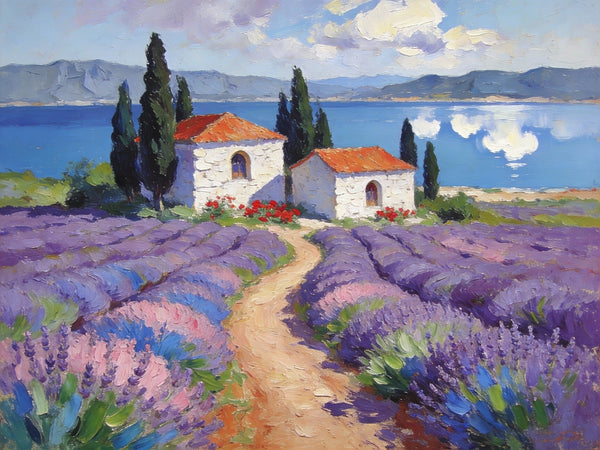 Small Wall Paintings, Lavender Fields and White Cottages, Simple Painting Ideas, Landscape Canvas Paintings, Impasto Wall Art Paintings, On Canvas Small Paintings-LargePaintingArt.com