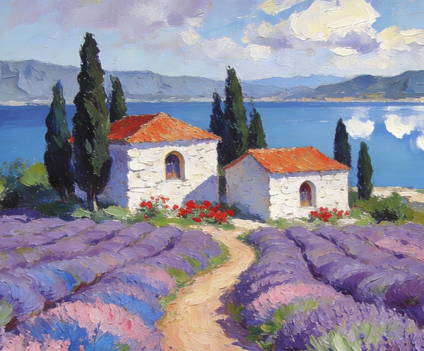 Small Wall Paintings, Lavender Fields and White Cottages, Simple Painting Ideas, Landscape Canvas Paintings, Impasto Wall Art Paintings, On Canvas Small Paintings-LargePaintingArt.com