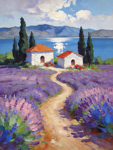 Sunlit Lavender Fields with White Cottages Impasto Paintings, Small Oil Paintings, Small Wall Paintings, Landscape Artwork Canvas Paintings, Small Original Paintings-LargePaintingArt.com