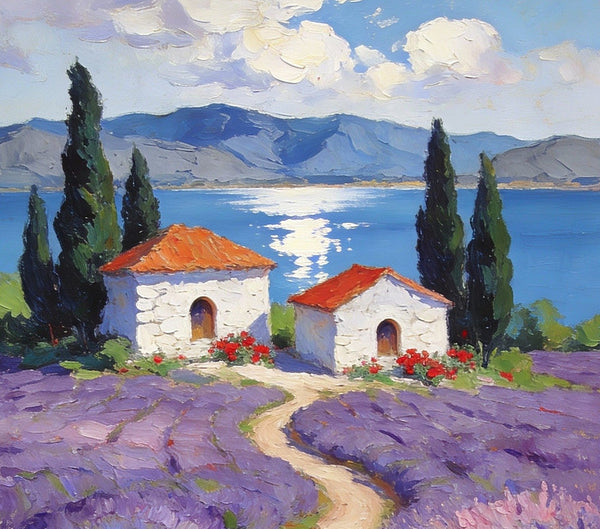 Sunlit Lavender Fields with White Cottages Impasto Paintings, Small Oil Paintings, Small Wall Paintings, Landscape Artwork Canvas Paintings, Small Original Paintings-LargePaintingArt.com