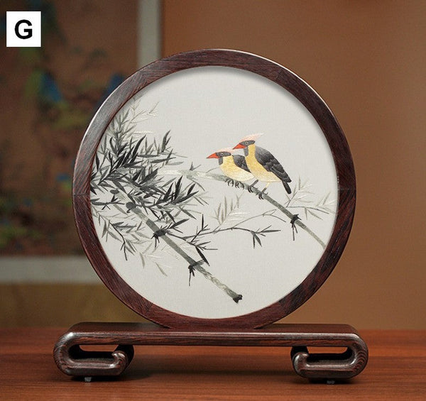 Silk Embroidered Ornament, Premium Souvenir, Exclusive Business Presents, Creative Birthday Gift, Traditional Chinese Suzhou Flower and Birds Embroidery Ornaments-LargePaintingArt.com