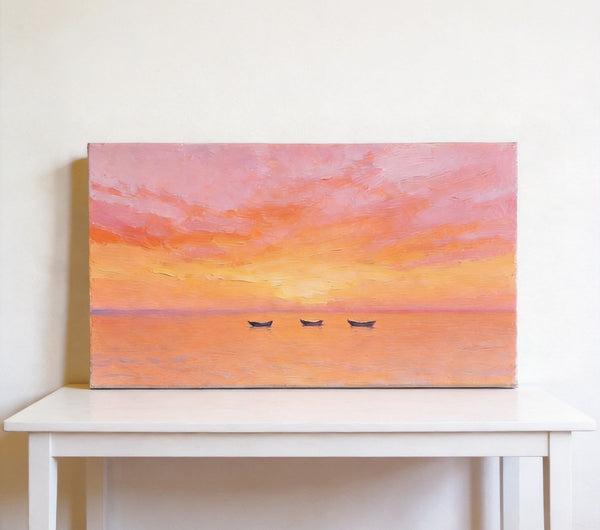Hand Painted Canvas Artwork, Boats Adrift in Sunset Glow, Small Canvas Wall Art Paintings, Sunset Paintings, Original Seascape Paintings-LargePaintingArt.com