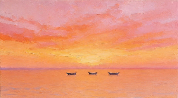 Hand Painted Canvas Artwork, Boats Adrift in Sunset Glow, Small Canvas Wall Art Paintings, Sunset Paintings, Original Seascape Paintings-LargePaintingArt.com