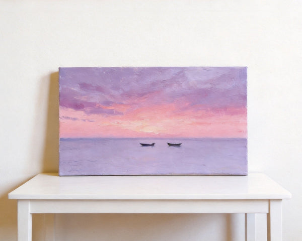 Small Canvas Paintings, Sunset Paintings, Silence of the Twilight Sea, Original Seascape Paintings, Hand Painted Canvas Wall Art-LargePaintingArt.com