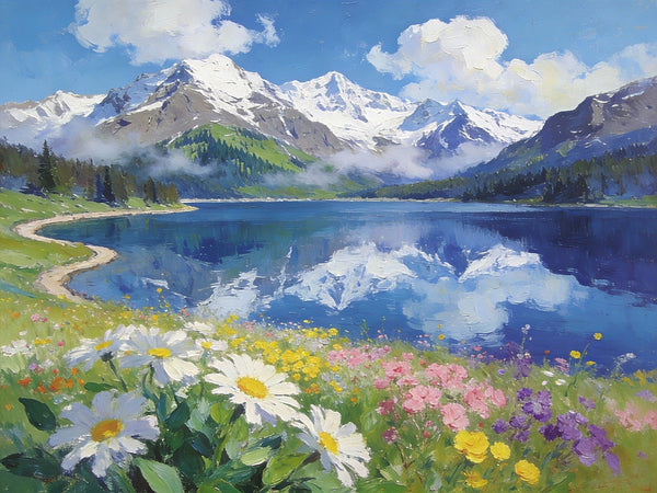 Snow-Capped Peaks Reflected in the Lake, Hand Painted Canvas Art, Small Oil Paintings on Canvas, Small Original Oil Paintings, Small Landscape Paintings-LargePaintingArt.com