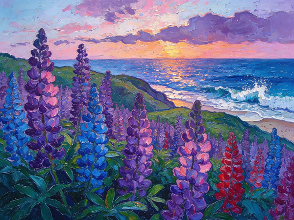 Seaside Lupines in Bloom, Heavy Texture Paintings, Original Small Landscape Paintings, Small Oil Paintings on Canvas, Small Paintings on Canvas, Hand Painted Canvas Art-LargePaintingArt.com