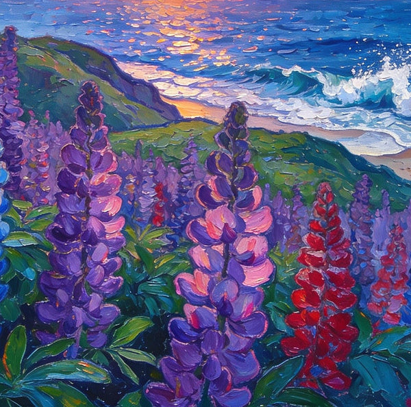 Seaside Lupines in Bloom, Heavy Texture Paintings, Original Small Landscape Paintings, Small Oil Paintings on Canvas, Small Paintings on Canvas, Hand Painted Canvas Art-LargePaintingArt.com