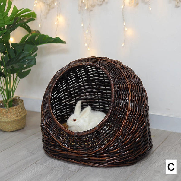 Hand woven Rattan Cat Bed, Natural Wicker Cat House Basket with Washable Cushion for Indoor Cats and Dogs-LargePaintingArt.com