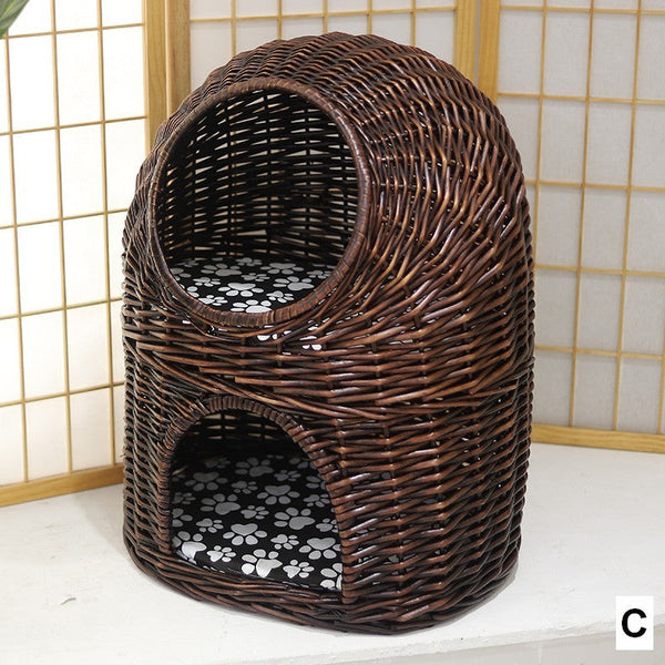 Large Double-Layer Cat Bed, Wicker Cat House Basket with Washable Cushion for Indoor Cats and Dogs-LargePaintingArt.com