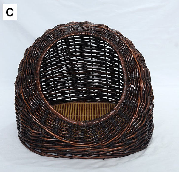 Natural Wicker Cat House Basket with Washable Cushion for Indoor Cats and Dogs, Rattan Cat Bed-LargePaintingArt.com