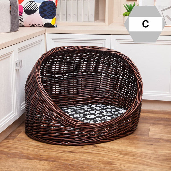 Natural Wicker Cat House Basket with Washable Cushion for Indoor Cats and Dogs, Hand woven Rattan Cat Bed-LargePaintingArt.com
