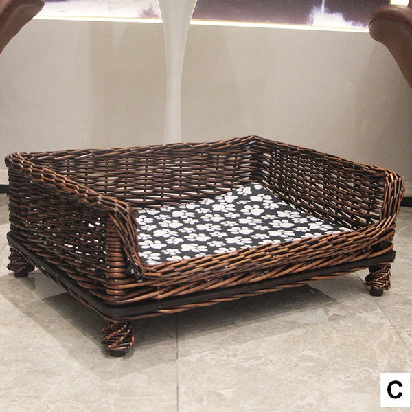 Large Natural Wicker Dog Bed with Washable Cushion for Indoor Cats and Dogs, Hand Woven Rattan Cat Beds-LargePaintingArt.com