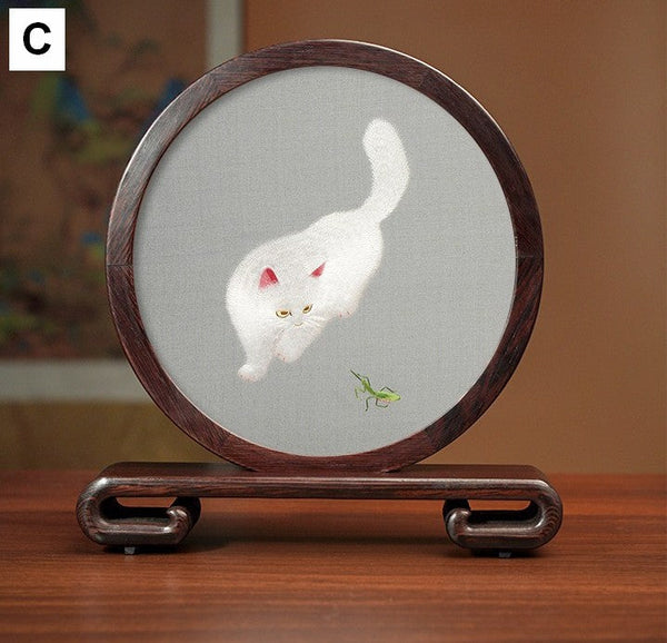 Exclusive Business Present, Lovely Kitty Cat Embroidered Decor, Premium Souvenir, Unique Birthday Gift, Traditional Chinese Suzhou Kitten Embroidery Ornament-LargePaintingArt.com
