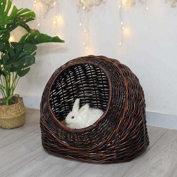 Hand woven Rattan Cat Bed, Natural Wicker Cat House Basket with Washable Cushion for Indoor Cats and Dogs-LargePaintingArt.com