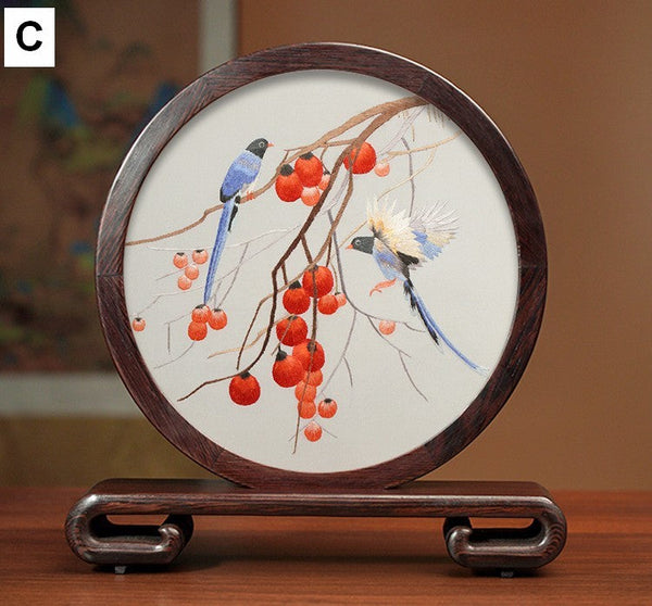 Unique Birthday Gift, Flower and Bird Embroidery Ornaments, Traditional Chinese Suzhou Silk Embroidered Ornament, Premium Souvenir, Exclusive Business Presents-LargePaintingArt.com