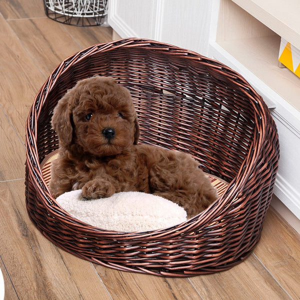 Natural Wicker Cat House Basket with Washable Cushion for Indoor Cats and Dogs, Hand woven Rattan Cat Bed-LargePaintingArt.com