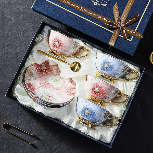 Blue and Pink Beautiful British Tea Cups, 8 oz Ceramic Coffee Cups, Creative Porcelain Tea Cup Saucer Set, Unique Tea Cup and Saucer in Gift Box-LargePaintingArt.com