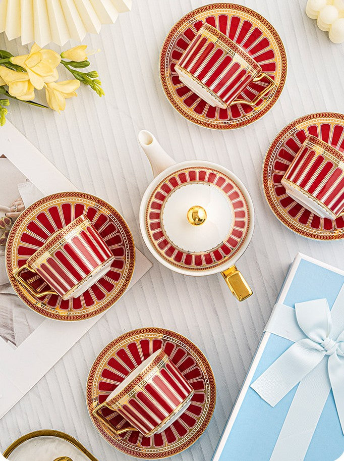 Red Tea Cup And Saucer Set With Teapot In Gift Box, Vibrant Ceramic Tea Set For Elegant Serving