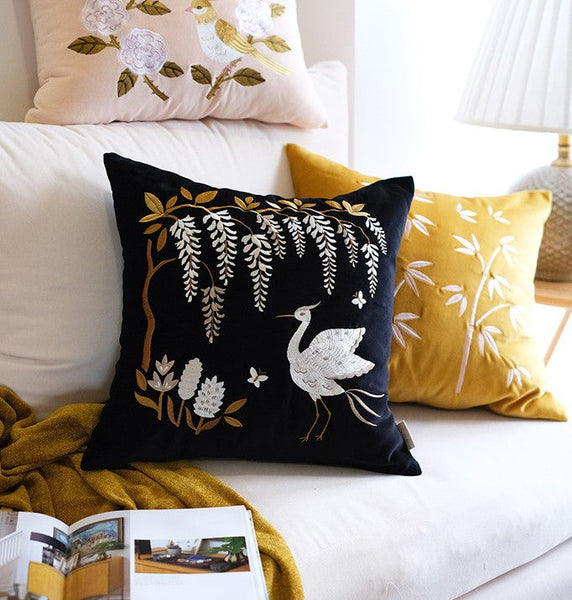 Decorative Pillow Arrangement Ideas for Bed, Embroidered Egret Cushion, Vintage Decorative Pillows, Luxury Decorative Pillows for Couch, Modern Throw Pillows for Couch-LargePaintingArt.com
