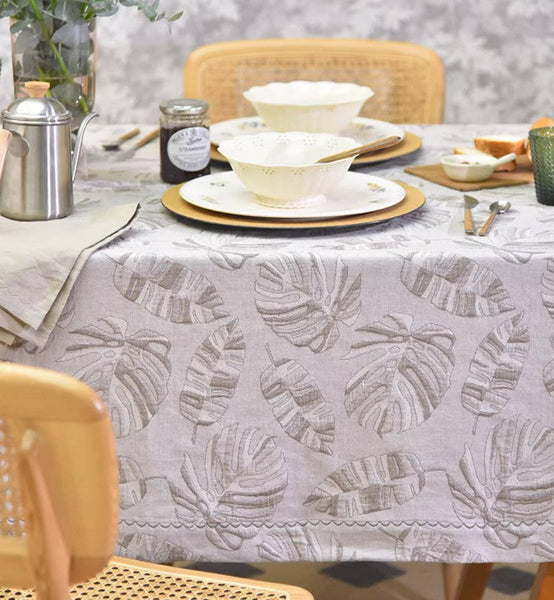 Monstera Leaf Modern Table Cloths for Kitchen, Simple Contemporary Grey Cotton Tablecloth, Large Rectangle Table Covers for Dining Room Table, Square Tablecloth for Round Table-LargePaintingArt.com