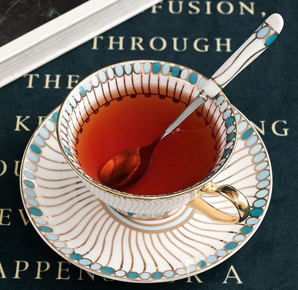 Unique Tea Cup and Saucer in Gift Box, Elegant British Ceramic Coffee Cups, Bone China Porcelain Tea Cup Set for Office, Green Ceramic Cups-LargePaintingArt.com