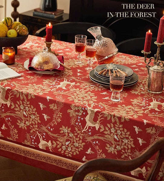 Forest Deer Red Table Covers, Square Tablecloth for Kitchen, Long Modern Rectangular Tablecloth for Dining Room Table, Extra Large Tablecloth for Round Table-LargePaintingArt.com
