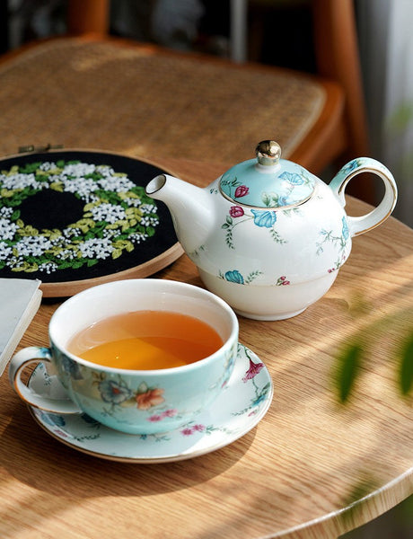 Porcelain Teapot with Matching Cup and Saucer in Gift Box, Stackable Teapot and Cup Set, Ceramic Tea Pot with Integrated Cup, Mother and Baby Teapot with Matching Saucer-LargePaintingArt.com