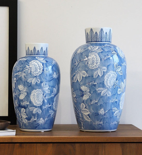 Centerpiece Ceramic Bouquet Vases, Handmade Modern Flower Vase, Large Flower Vases on Dining Table, Blue Porcelain Flower Vases-LargePaintingArt.com