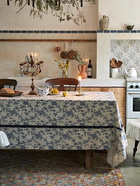 Extra Large Vintage Rectangle Tablecloth for Dining Room Table, Rustic Farmhouse Table Cover for Kitchen, French Flower Pattern Tablecloth for Round Table-LargePaintingArt.com