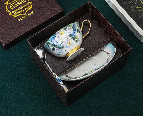 Royal Porcelain Tea Cup Saucer Set, Rose Flower Pattern Ceramic Cups, 7.4 oz British Ceramic Coffee Cups, Unique Tea Cup and Saucer in Gift Box-LargePaintingArt.com