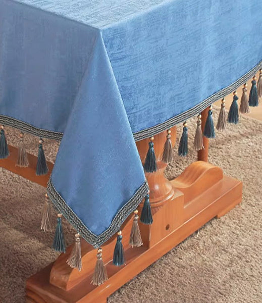 Modern Rectangle Tablecloth, Large Simple Table Cover for Dining Room Table, Square Tablecloth for Round Table, Blue Fringes Tablecloth for Home Decoration-LargePaintingArt.com