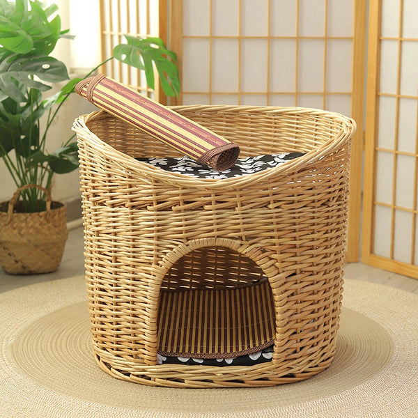 Washable Wicker Cat Bed, Wicker Cat House with Washable Cushion for Indoor Cats and Dogs-LargePaintingArt.com