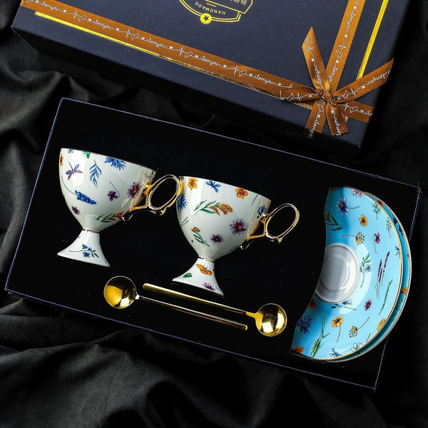Elegant British Ceramic Coffee Cup with Saucer, 6.8 oz Tea Cup and Saucer Set in Gift Box, Floral Porcelain Tea Cup and Saucer Set, Flower Ceramic Tea Cup and Saucer-LargePaintingArt.com